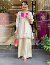 Ivory & Fuchsia Embroidered Tunic Palazzo Set